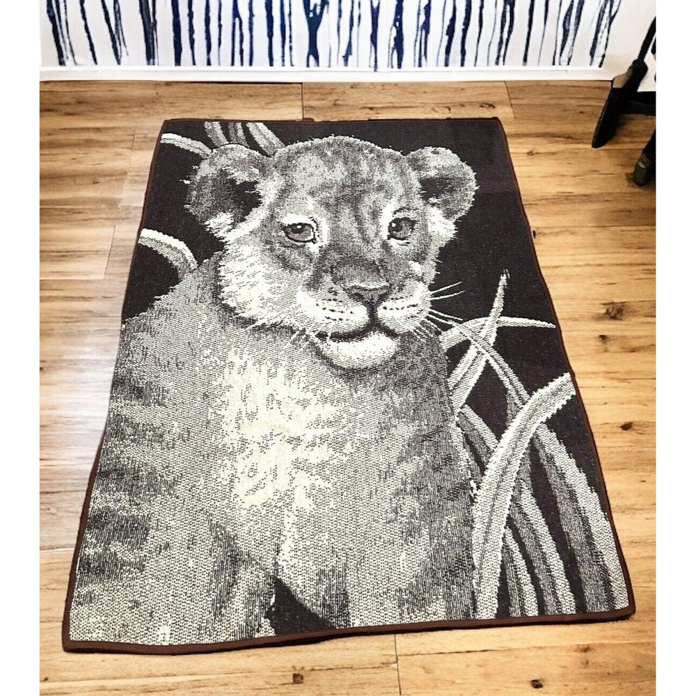 Vtg Lintex International Lion Print Blanket Spain 56” x 74” Safari Reversible